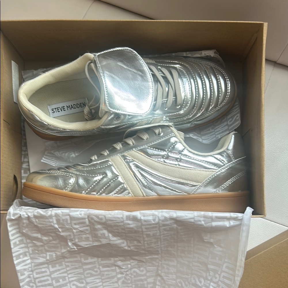 Steve Madden Silver Sneakers Futuristic Design